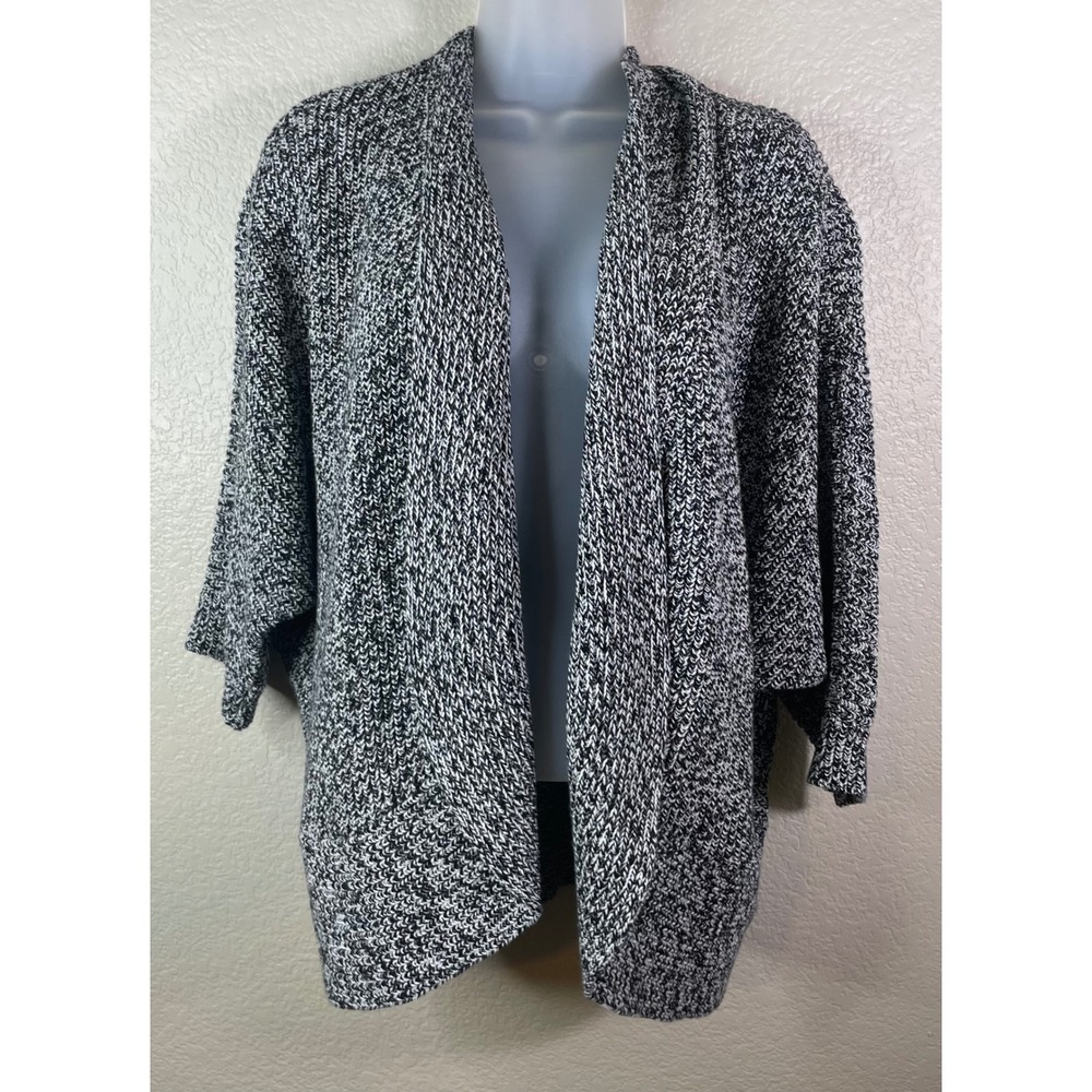 Chicos 2 US L Cardigan Black White Marled Knit Open Front Dolman Sleeve Sweater